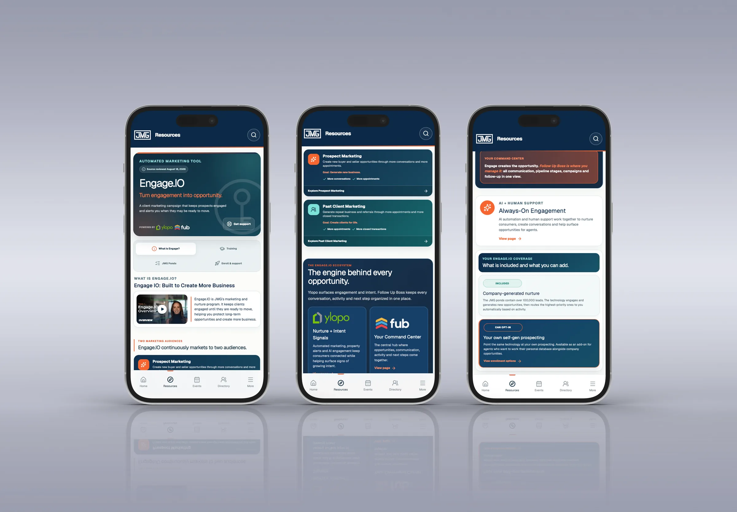 JMG app screens for the Engage.IO marketing tool