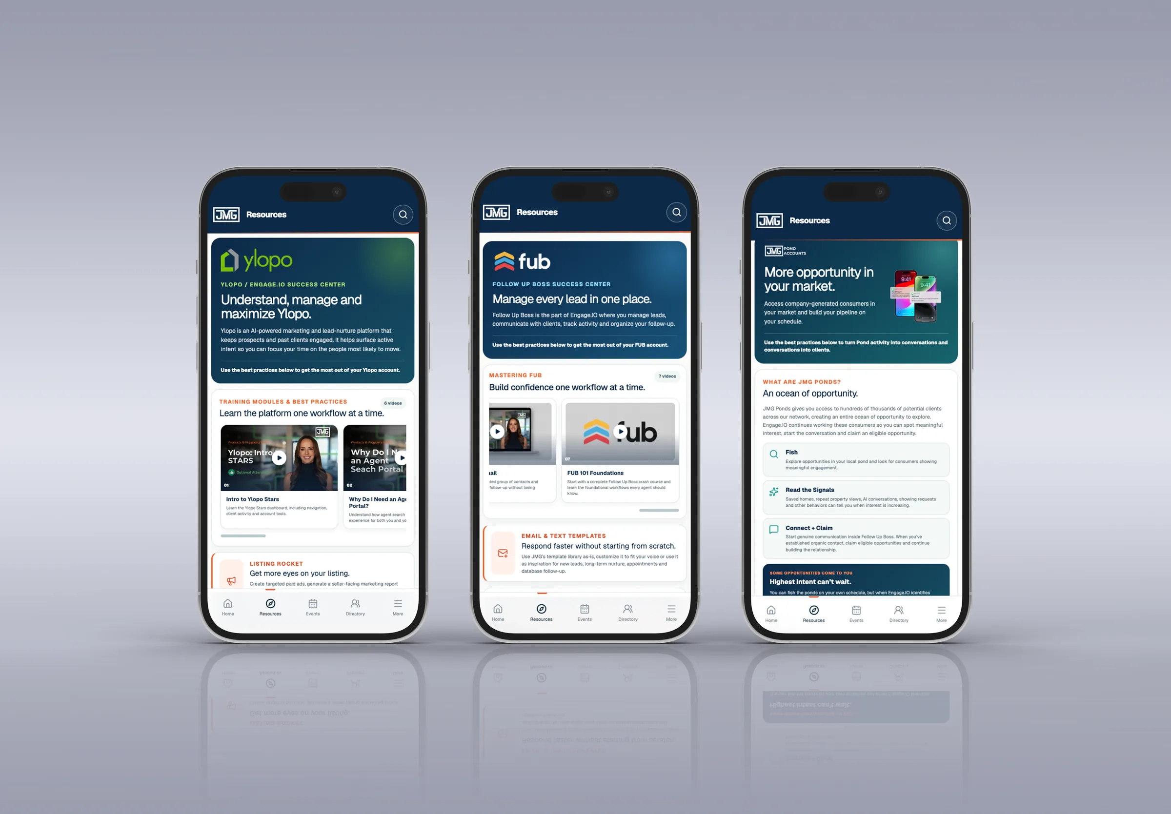 JMG app screens for the Ylopo, Follow Up Boss and JMG Ponds success centers