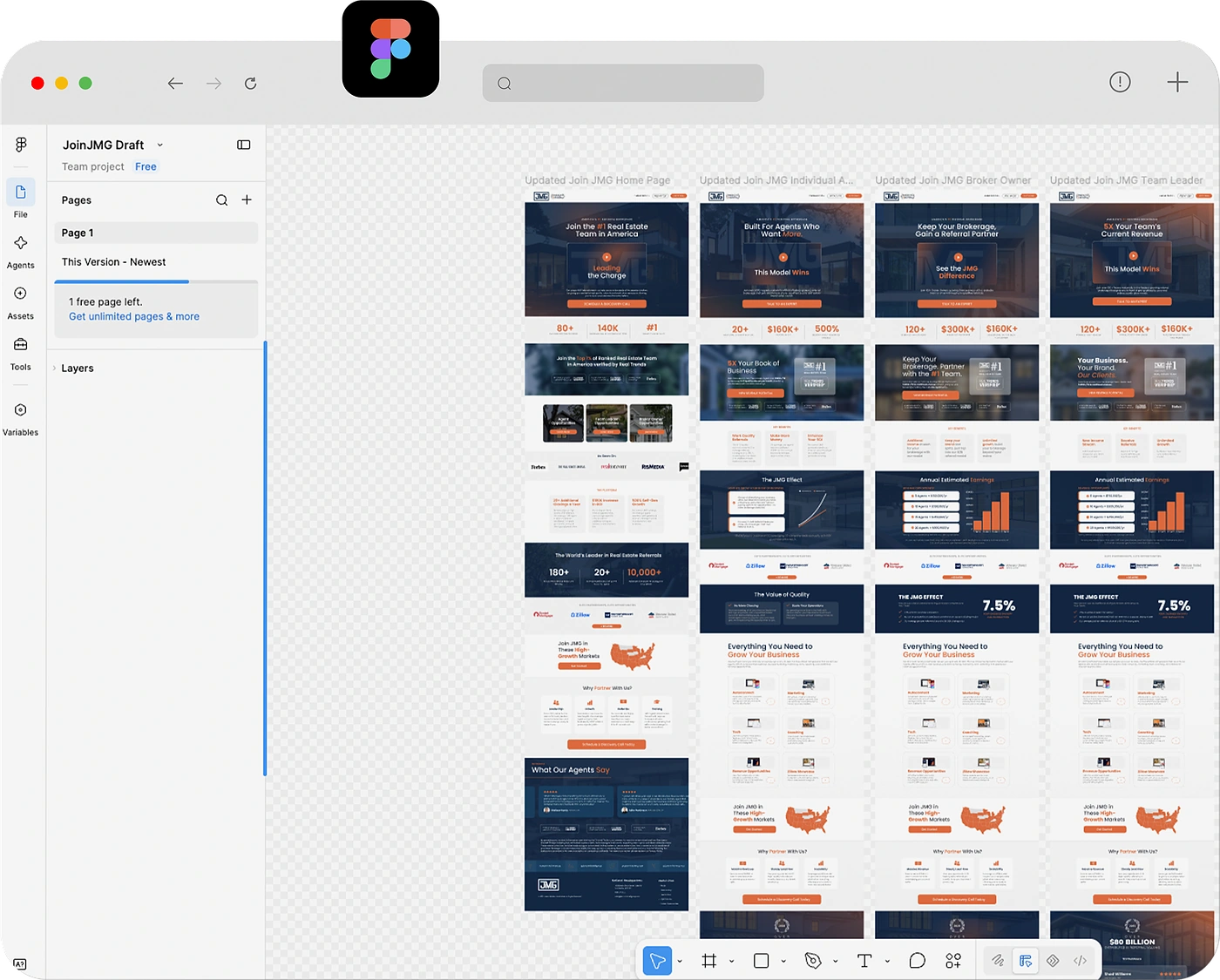 Figma file with the updated Join JMG homepage, solo agent, broker owner and team leader page designs