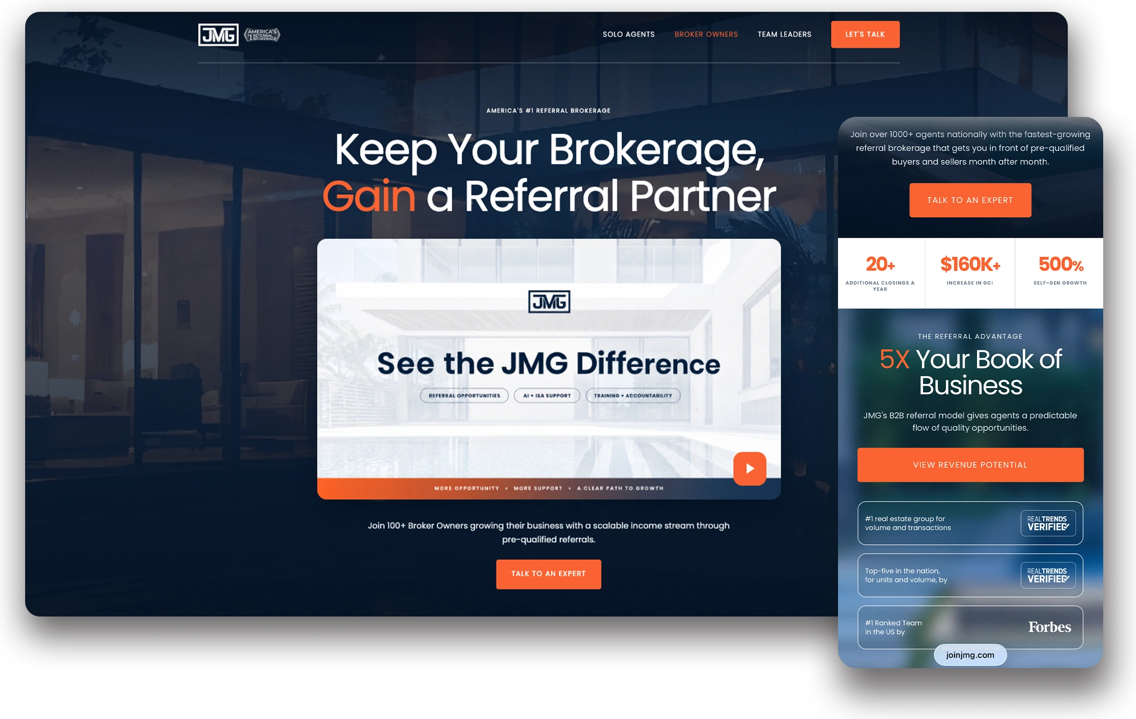 Join JMG broker owners page on desktop and mobile